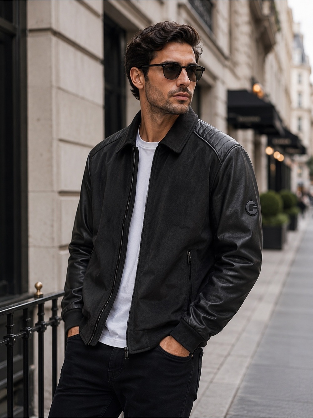 Fried Denim Men’s Black Faux Leather Sleeve Bomber Jacket Size Large Zip Coat
